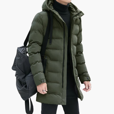Herren Steppjacke Lang mit Kapuze und Reißverschluss