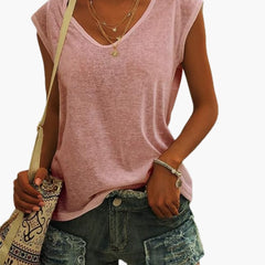 Damen V-Ausschnitt Top mit Cap-Ärmeln und Stretchmaterial in Rosa