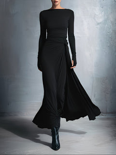 Laura | Damen Elegant Drapiertes Langarm Maxikleid in Schwarz
