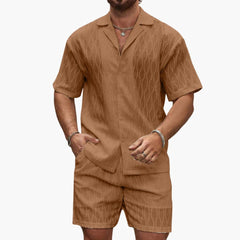 Herren Zweiteiler Set aus leichter Stoff mit Hemd und Shorts in Dunkelbraun