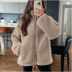 Teddy Damen Winterjacke Mit Reißverschluss | Kuschelige Übergangsjacke in Aprikose