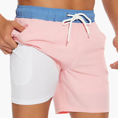 Gestreifte Herren-Badeshorts - mit Kordelzug und Taschen in Rosa