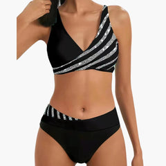 Glitzer Streifen Bikini - mit Damen High-Waist Schnitt in Schwarz