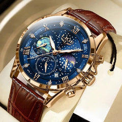 Stilvolle Mondphasen-Armbanduhr in Gold Blau