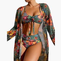 3-teiliges Bikini-Set - Damen Strand-Outfit mit Cover-up in Grün
