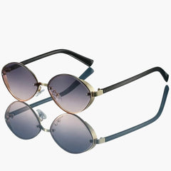 Damen Sonnenbrille mit ovalem Metallrahmen und UV400-Schutz in Goldviolett