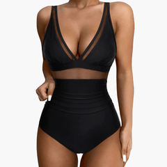 Badeanzug mit Mesh für Damen – sexy Einteiler High Waist in Schwarz