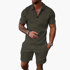 Herren Sommer Zweiteiler mit Reißverschluss und Shorts in Militärgrün