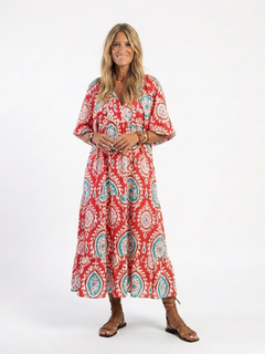 Zaria | Paisley-Druck V-Ausschnitt Kurzarm Midi-Kleid in Rot