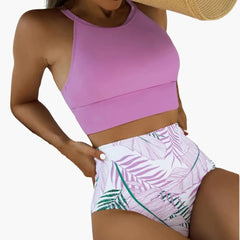 Blumenmuster High-Waist Bikini - Damen Zweiteiler für den Sommer in Rosa