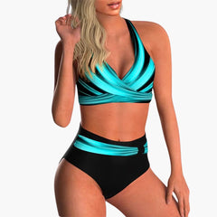 High-Waist Bikini - Damen Zweiteiler mit überkreuztem Look in Blau 1