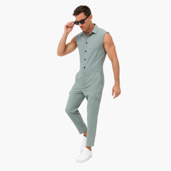 Ärmelloser Jumpsuit für Männer mit Cargotaschen und Knopfleiste in Graublau