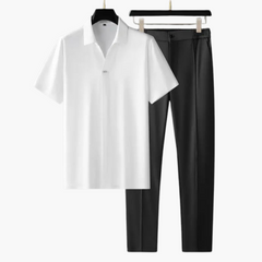 Zweiteiler Set für Herren – Kurzarmshirt mit Stoffhose in Weiß
