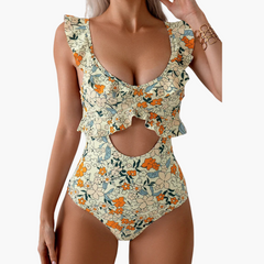 Badeanzug Damen - Floraler Einteiler mit Rüschen & Cut-Out in Elfenbein