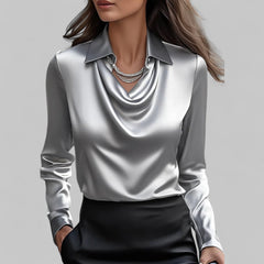 Theresa | Elegante Wasserfall Satinbluse in Grau