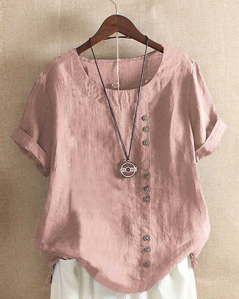 Zayla - Unifarbenes Kurzarm-Bluse mit Rundhalsausschnitt