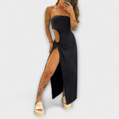 Winona - Bandeau-Tie Bodysuit-Kleid mit Seitenschlitzen in Schwarz