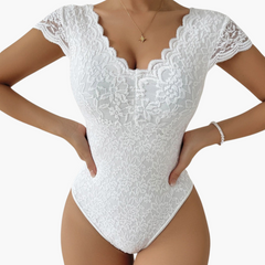 Bodysuit aus Spitze für Frauen - Eleganter V-Ausschnitt in Weiß