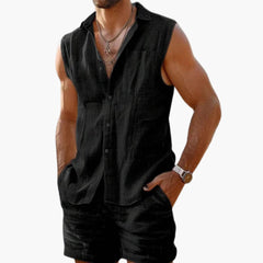 Herren Set mit ärmellchem Hemd und Shorts für den Sommer in Schwarz