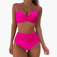 Zweiteiliges Bikini-Set - Damen Bademode mit Blumenprint & Bund in Fuchsie