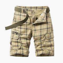Herren Cargo Shorts mit Karomuster und Stoffgürtel in Khaki