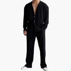 Herren Faltenstruktur Set mit Langarmhemd und Hose in Schwarz