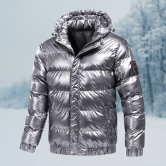 Herren Winterjacke | Glänzende Steppjacke Mit Kapuze in Silber