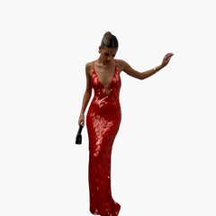 Pailletten Abendkleid für Damen - Maxi mit V-Ausschnitt in Rot