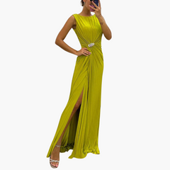 Plissee Maxikleid mit Schlitz - Elegantes Damen Abendkleid in Gelb