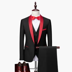 Herren Anzug dreiteilig mit rotem Besatz und Schalkragen in Schwarz Rot / 3 Pcs Satz