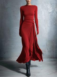 Laura | Damen Elegant Drapiertes Langarm Maxikleid in Rot