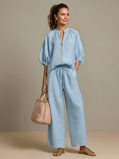 Natalia | Blouson-Top mit Reißverschluss und weit geschnittene Hose in Blau
