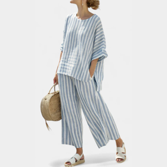 Melanie | Damen Gestreiftes Zweiteiler Hosen Set in Blau gestreift