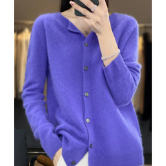Damen Strickjacke mit O-Ausschnitt aus reiner Merinowoll in Dunkelblau