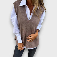 Lamielle – Strick-Weste mit V-Ausschnitt in Camel in Braun