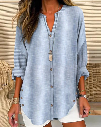 Rundhalsausschnitt Gestreiftes Shirt mit Knöpfen für Damen