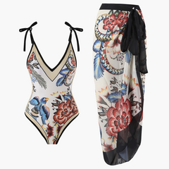 Badeanzug-Set für Damen - mit Blumenmuster und Pareo-Überwurf in Schwarz