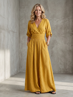 Wanda | Kreuz-Front Weitbeiniger Jumpsuit in Gelb
