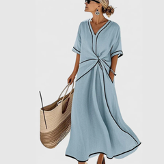 Veronika | Damen V-Ausschnitt Bindegürtel Midi Kleid in Blau