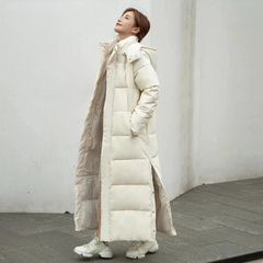Winterjacke Damen Lang Gepolstert | Mit Kapuze und Reißverschluss in Beige