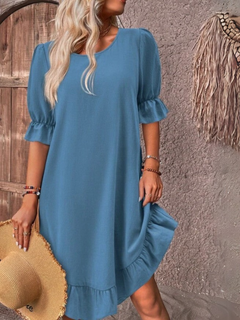 Damen Sommer Halben Ärmeln Leinen Midikleid mit Rüschen in Hellblau