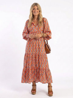 Amara | Geometrisches Print V-Ausschnitt Midikleid in Beige