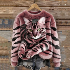 Jules – Weiches Plüsch Sweatshirt Mit Tabby Katzen Und Tiger Muster in Rosa