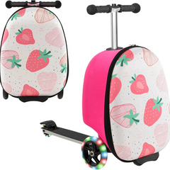 2-in-1 Kinder-Rollerkoffer mit LED-Rädern – Wasserabweisendes Handgepäck für Reise und Spaß, faltbar, für Kinder ab 5 Jahren in Erdbeere