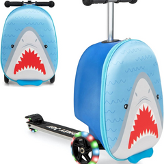 2-in-1 Kinder-Rollerkoffer mit LED-Rädern – Wasserabweisendes Handgepäck für Reise und Spaß, faltbar, für Kinder ab 5 Jahren in Hai