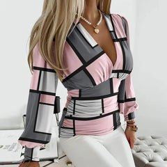 Thea | Netzärmel Tiefer V-Ausschnitt Bluse in Geometrisch Rosa & Grau