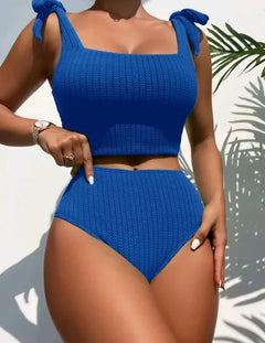 Helena® | Gerippter Badeanzug mit hoher Taille und Schleifengürtel in Blau