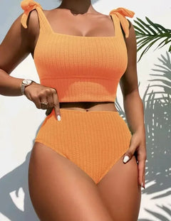 Helena® | Gerippter Badeanzug mit hoher Taille und Schleifengürtel in Orange