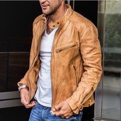 Kevin - Elegante Und Wetterfeste Lederjacke in Beige