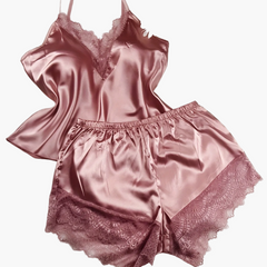 Kurzes Damenpyjama im sexy Stil für zu Hause - Set mit Top und Shorts mit Spitzenakzenten, ideal für Frühling-Sommer in Rosa